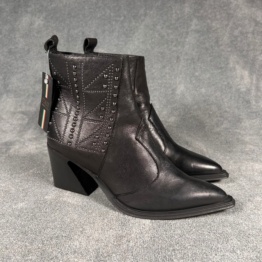 Emanuele Crasto Ankle Boots Heeled Black Leather Studded Pointed US 8.5 Italy